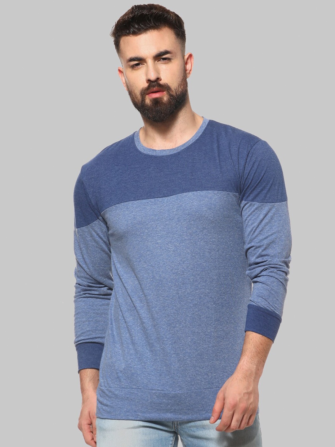 

Campus Sutra Blue Colourblocked Round Neck Long Sleeves Casual Cotton T-shirt