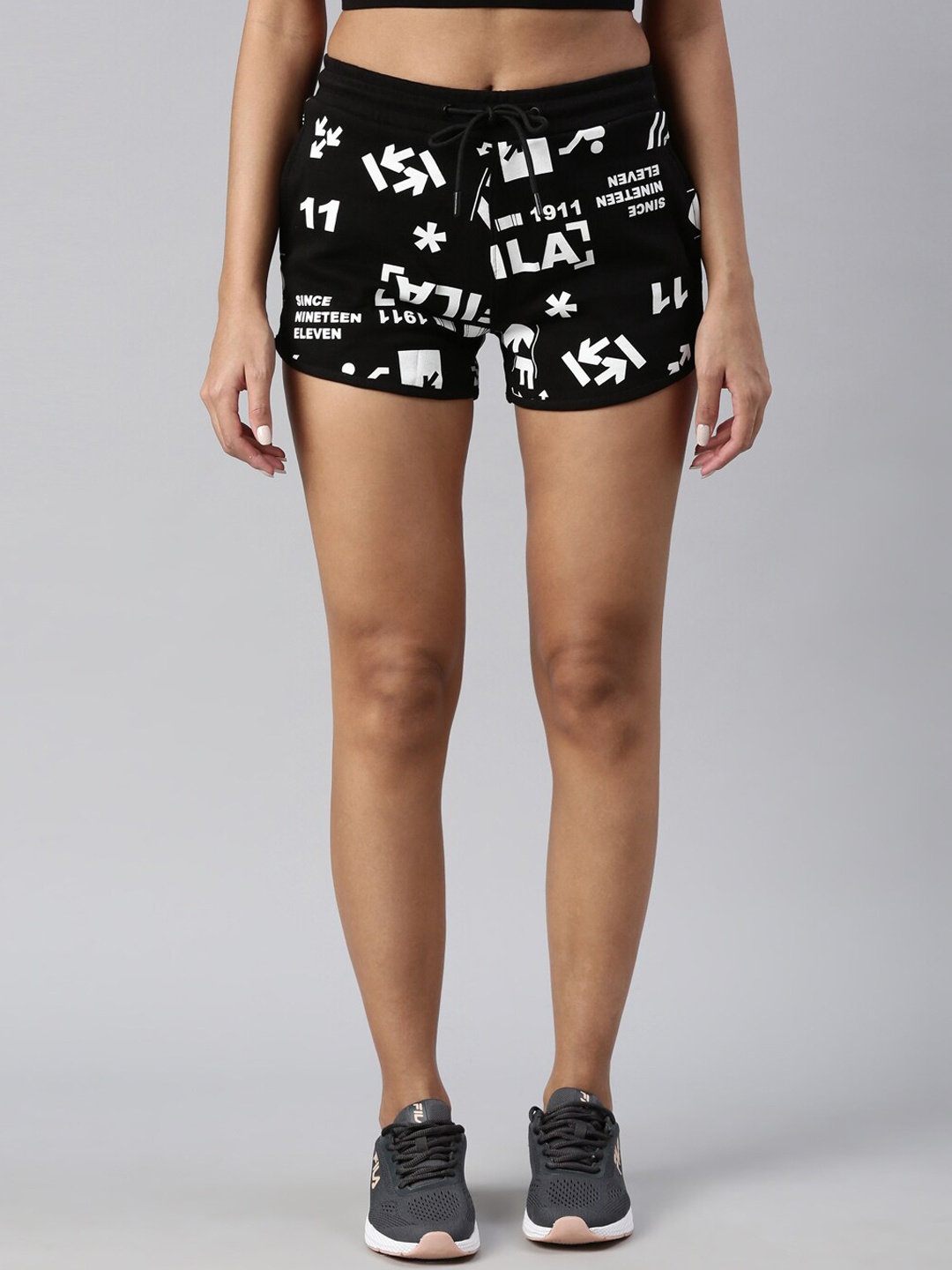 

FILA Women Typography Printed Training Or Gym Cotton Sports Shorts, Black