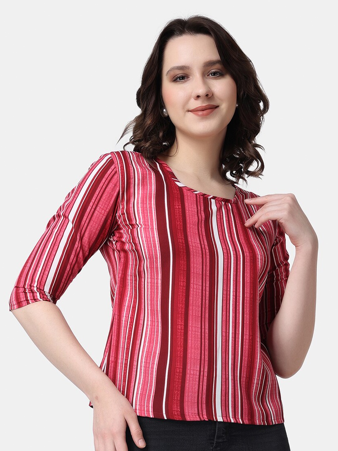 

Popwings Vertical Striped Round Neck Top, Pink