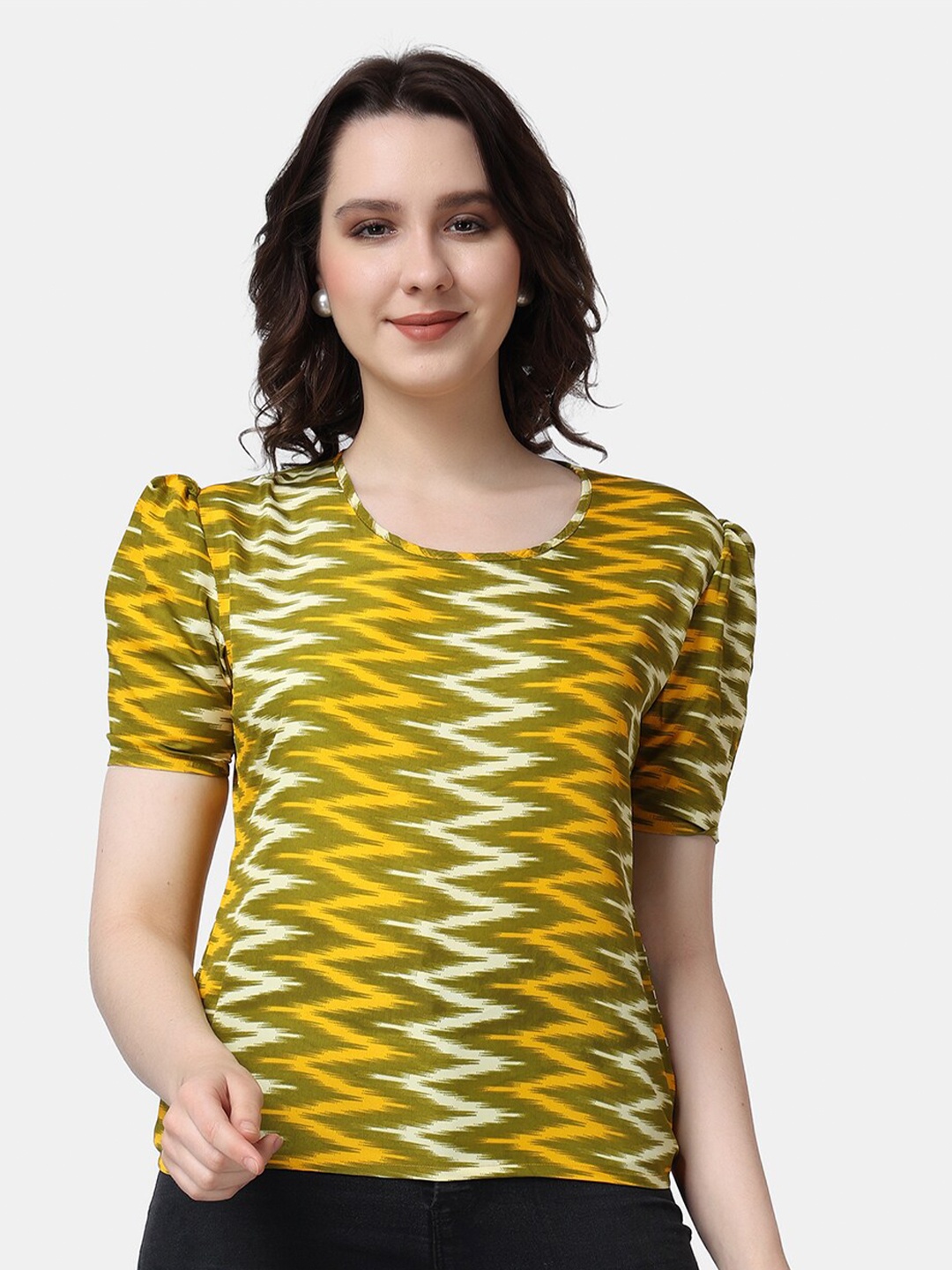 

Popwings Geometric Printed Puff Sleeves Round Neck Top, Yellow