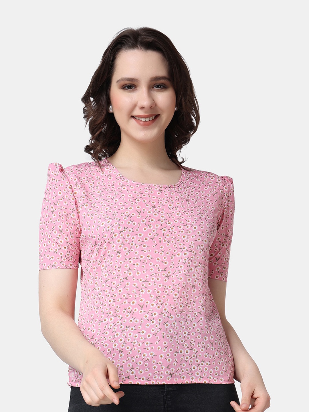 

Popwings Floral Printed Puff Sleeves Round Neck Top, Pink