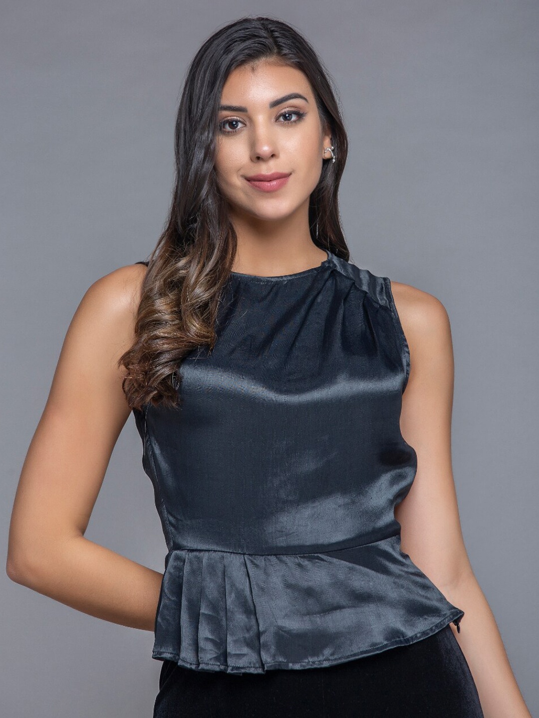 

MKOAL Sleeveless Pleated Satin Peplum Top, Black