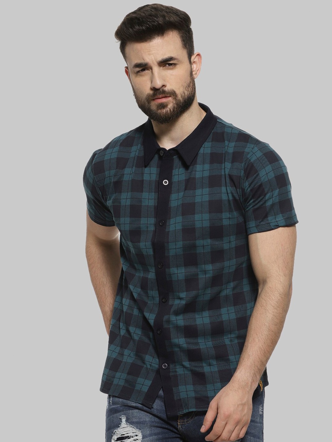 

Campus Sutra Blue & Black Classic Checked Cotton Casual Shirt