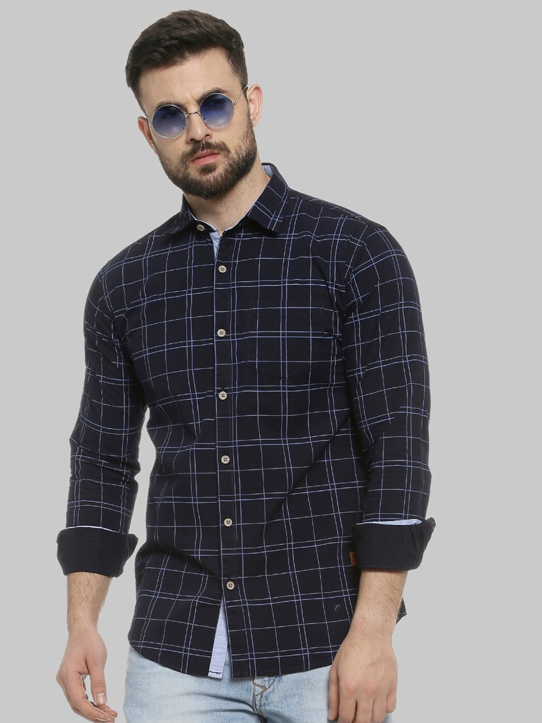 

Campus Sutra Blue Classic Fit Windowpane Checks Cotton Casual Shirt
