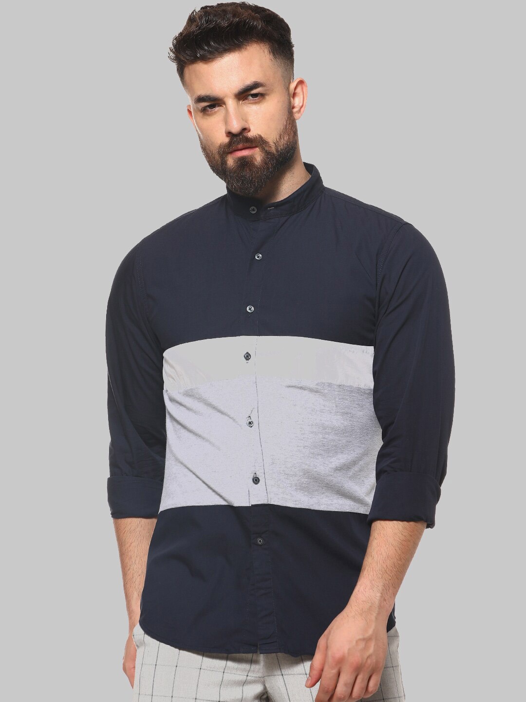 

Campus Sutra Blue, Grey & White Striped Classic Fit Cotton Casual Shirt