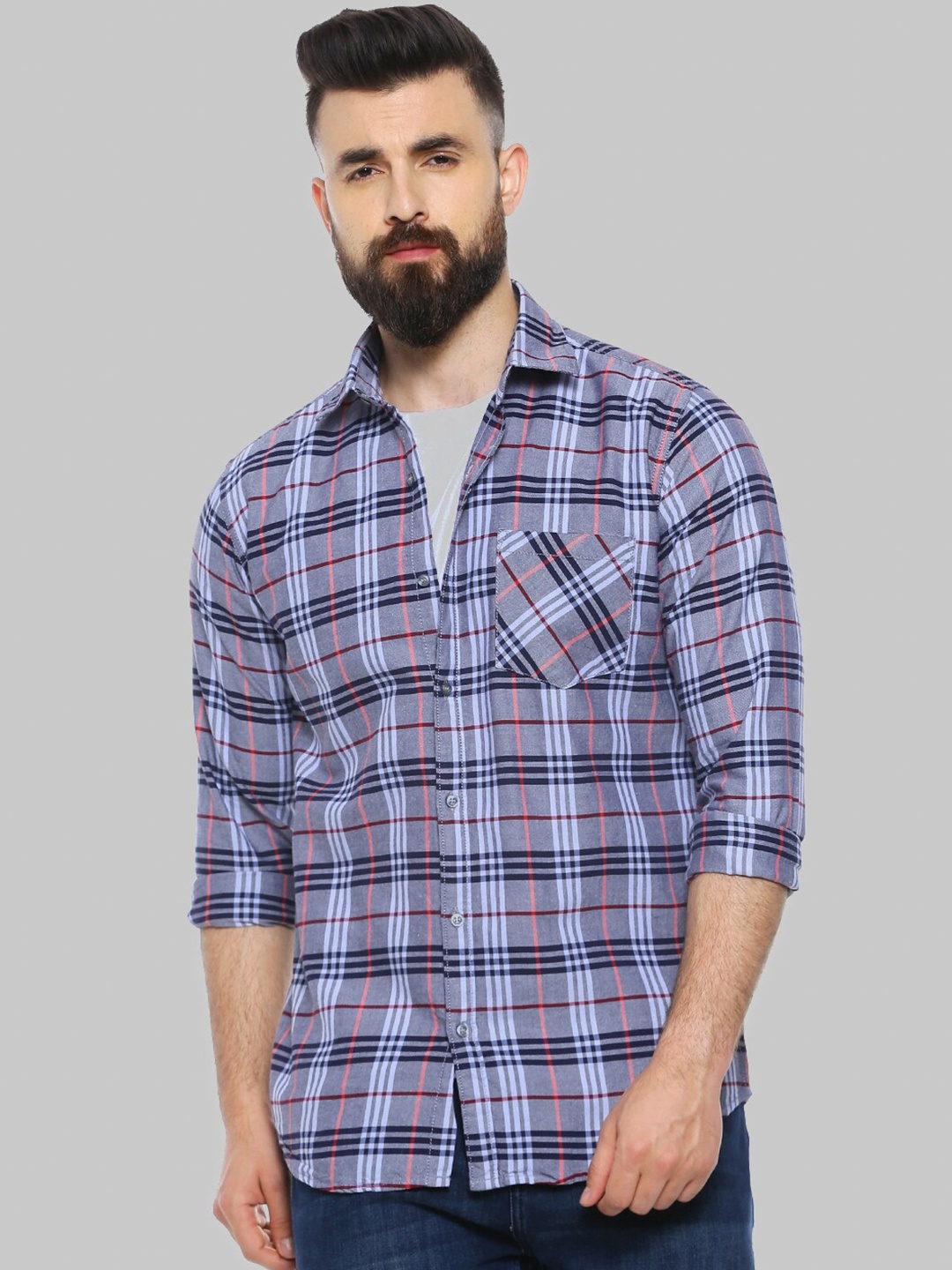 

Campus Sutra Grey Tartan Checks Classic Fit Cotton Casual Shirt