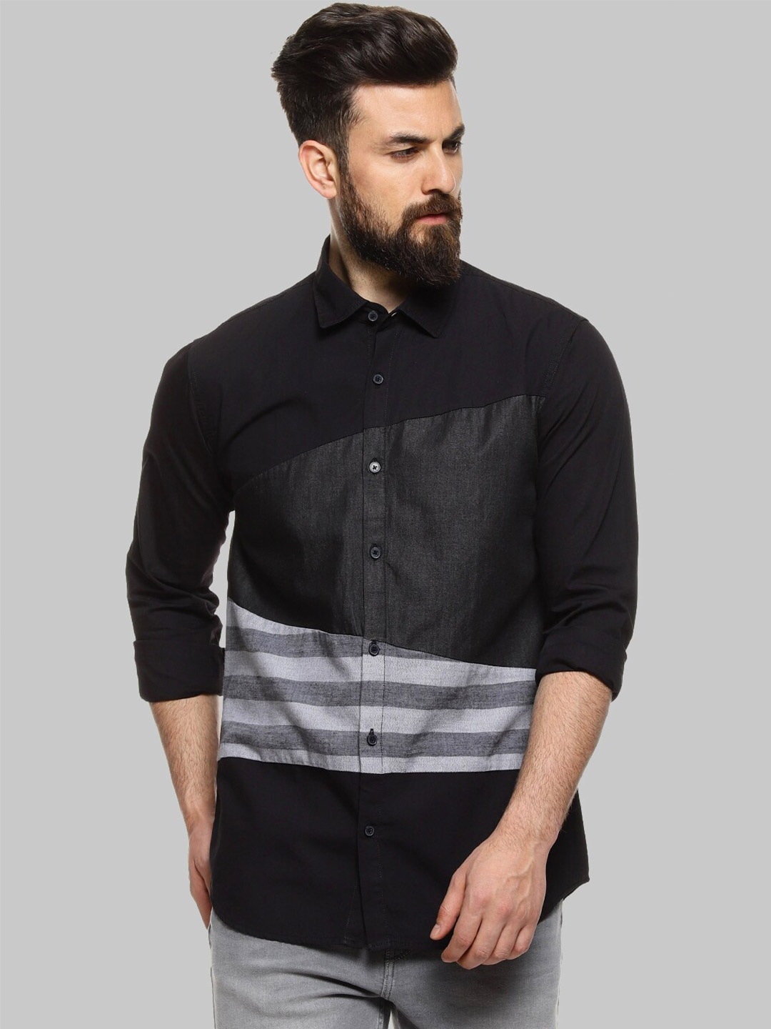 

Campus Sutra Black Classic Striped Cotton Casual Shirt