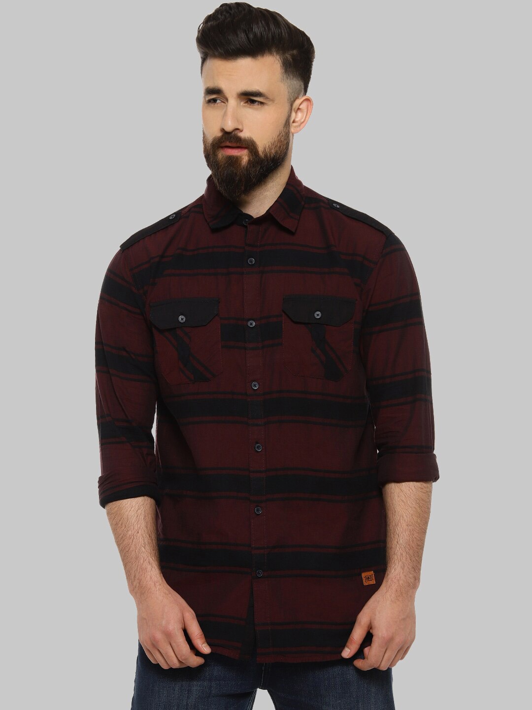 

Campus Sutra Maroon & Black Horizontal Stripes Classic Fit Cotton Casual Shirt