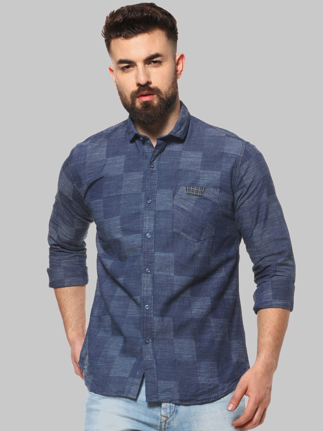 

Campus Sutra Blue Checked Classic Fit Cotton Casual Shirt