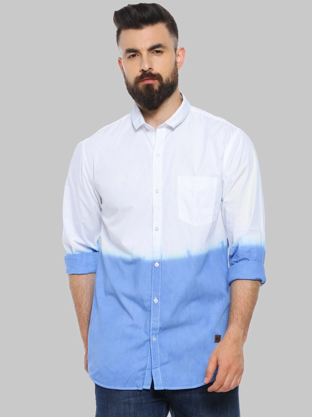 

Campus Sutra White & Blue Classic Colourblocked Cotton Casual Shirt