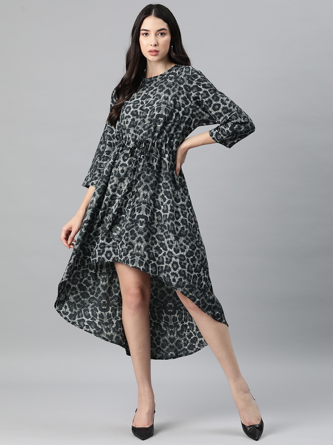 

Rang Gali Animal Print Crepe A-Line Midi Dress, Black