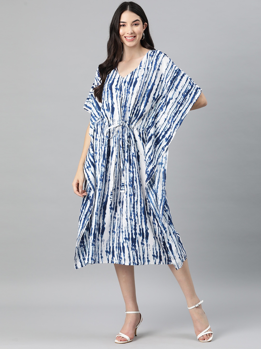 

Rang Gali Tie and Dyed Kimono Sleeve Cotton Kaftan Midi Dress, Blue