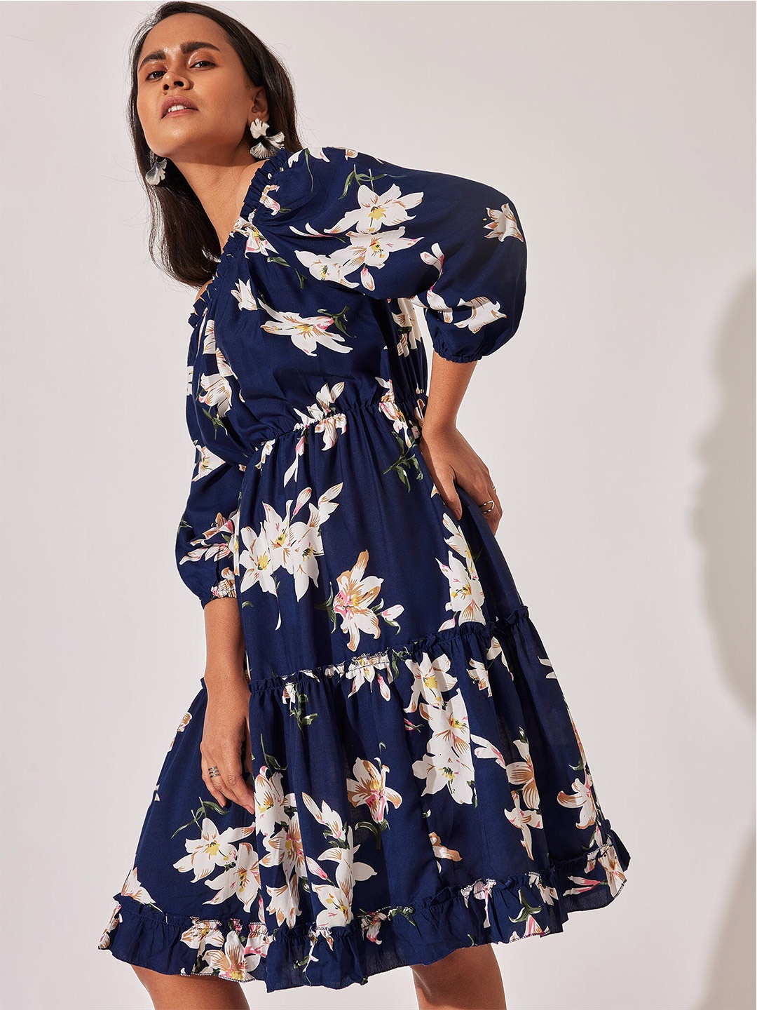 

The Label Life Floral Printed Off Shoulder Tiered Fit & Flare Dress, Blue