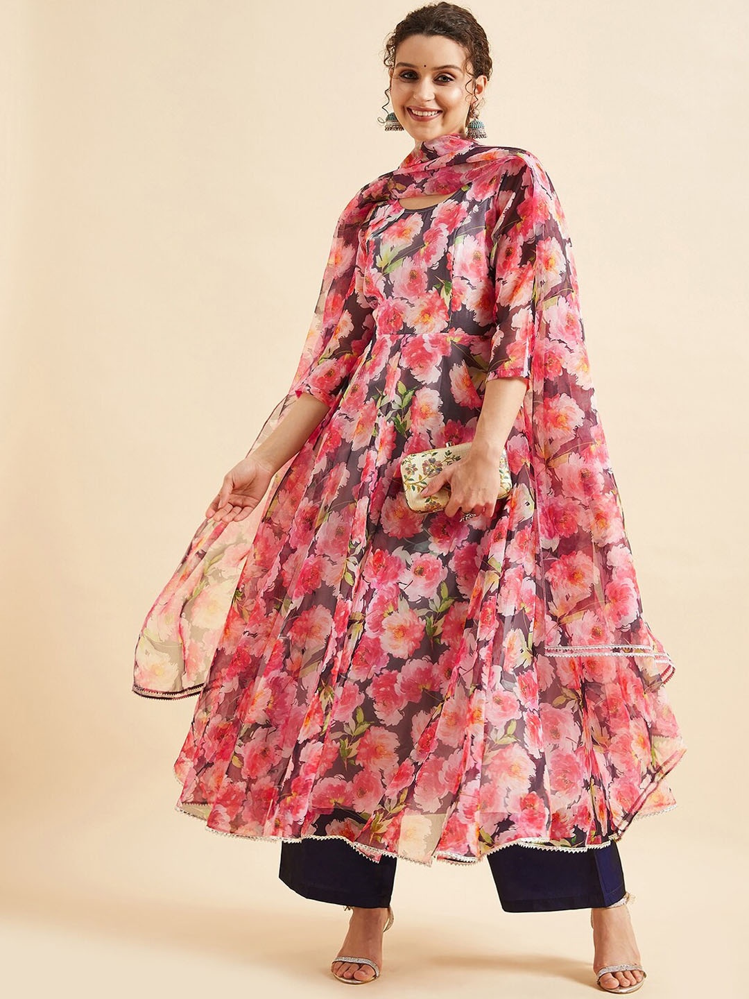 

PANIT Navy Blue & Pink Floral Printed Gotta Patti Anarkali Kurta with Palazzos & Dupatta