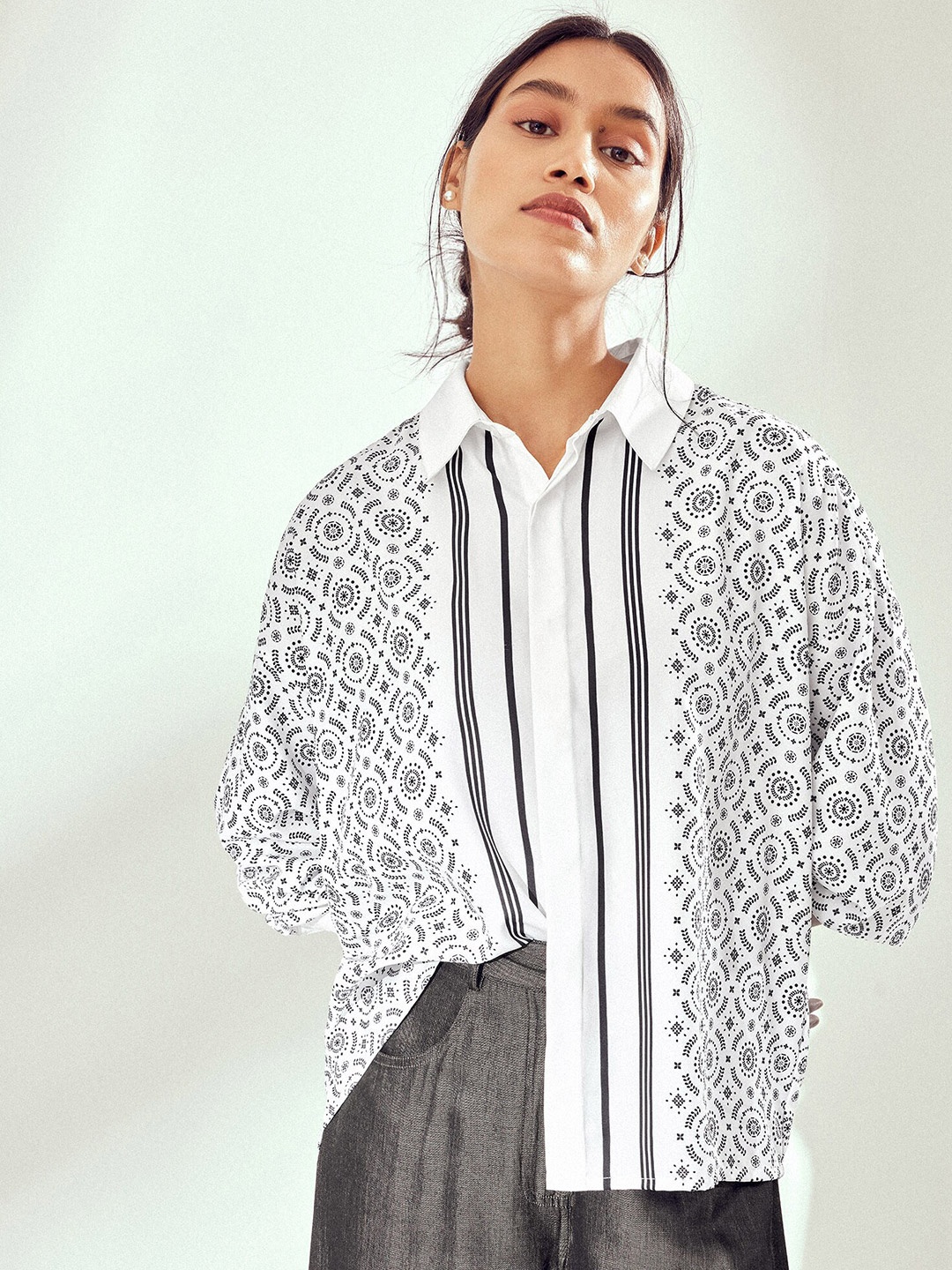 

The Label Life Conversational Printed Cuffed Sleeves Shirt Style Top, White