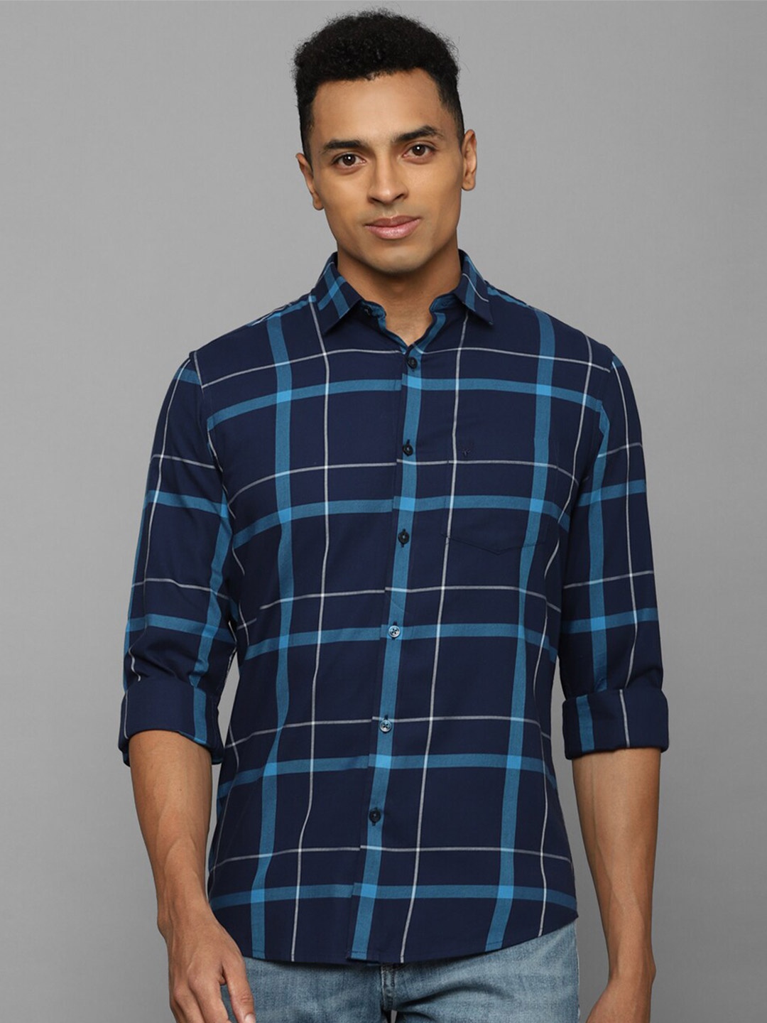 

Allen Solly Tartan Checks Slim Fit Pure Cotton Casual Shirt, Navy blue