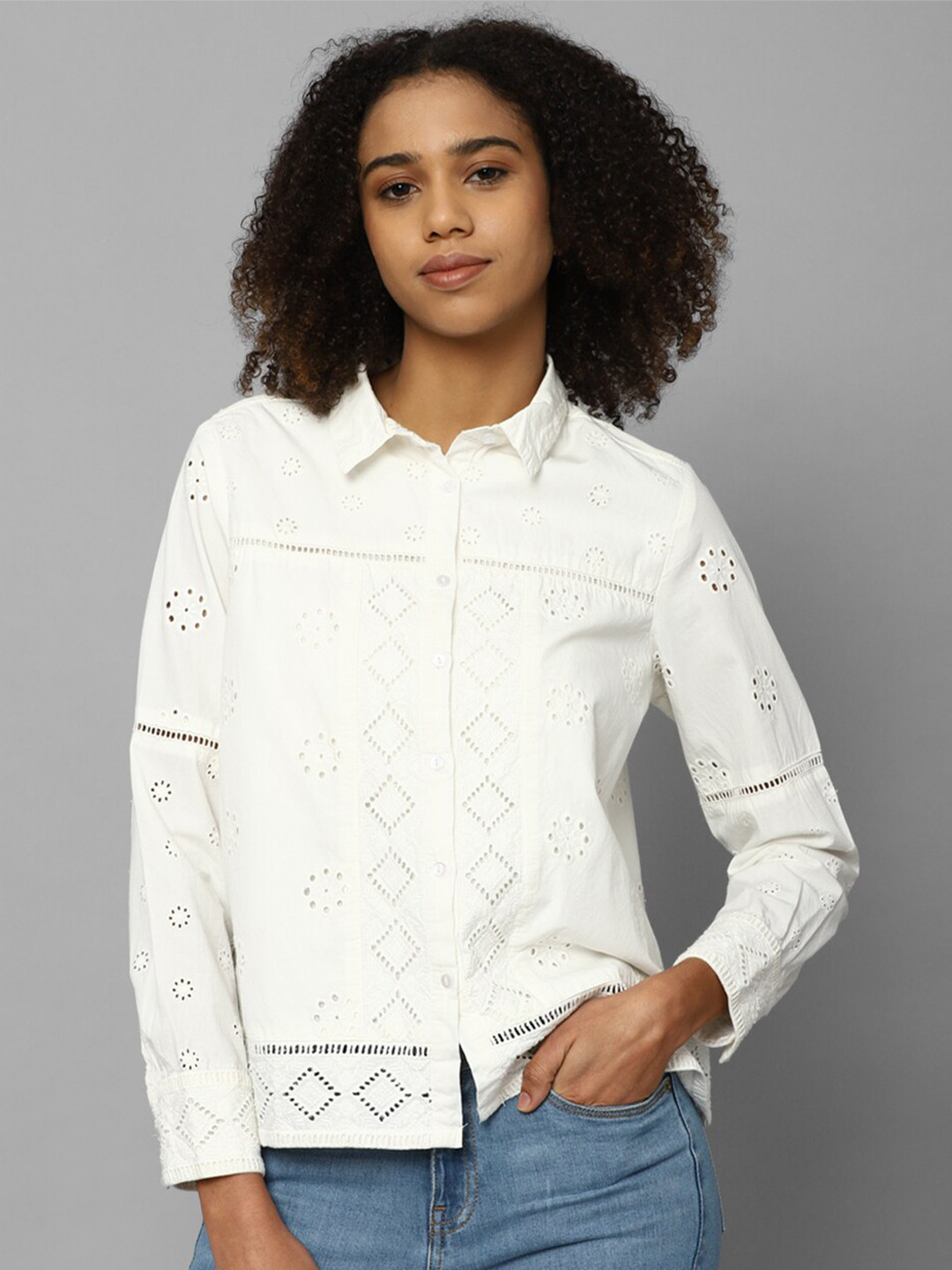 

Allen Solly Woman Self Designed Cut-Work Opaque Casual Pure Cotton Shirt, Cream