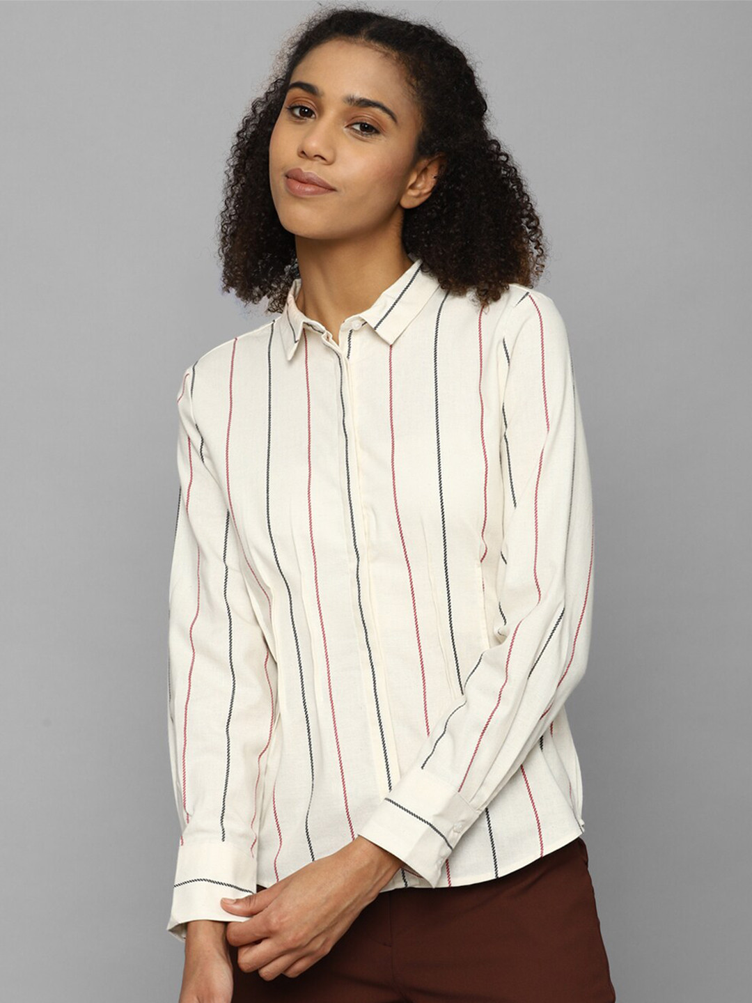 

Allen Solly Woman Striped Pure Cotton Casual Shirt, Cream
