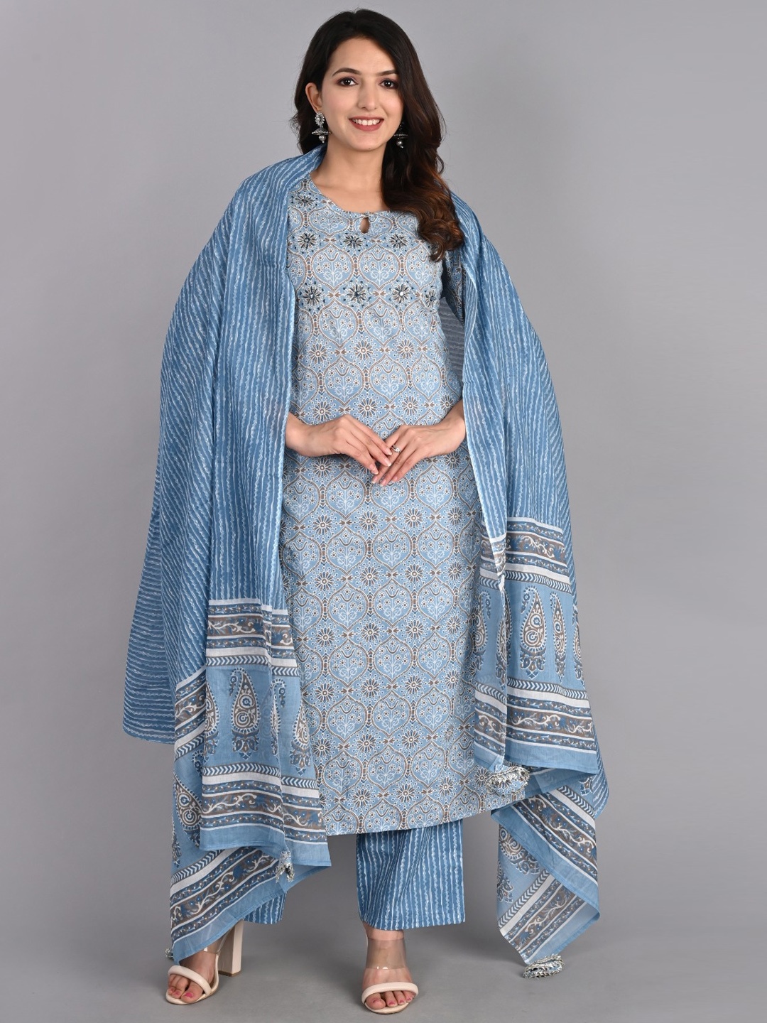 

Do Dhaage Ethnic Motifs Printed Mirror Work Pure Cotton Kurta with Palazzos & Dupatta, Blue