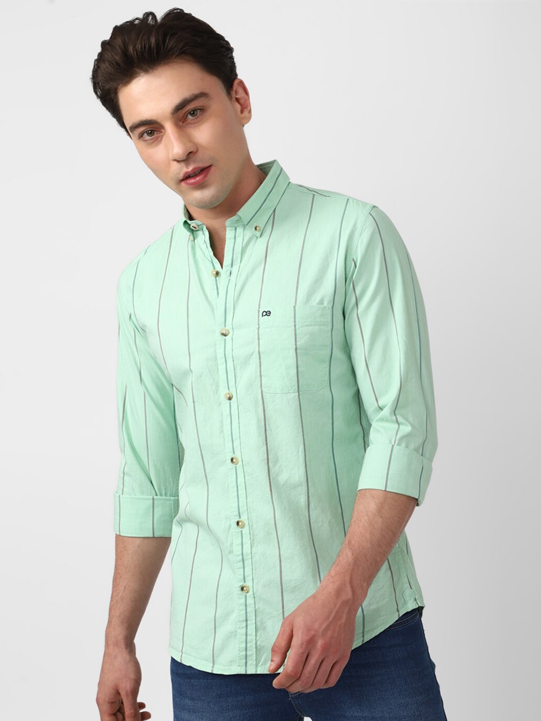 

Peter England Casuals Slim Fit Striped Pure Cotton Casual Shirt, Green