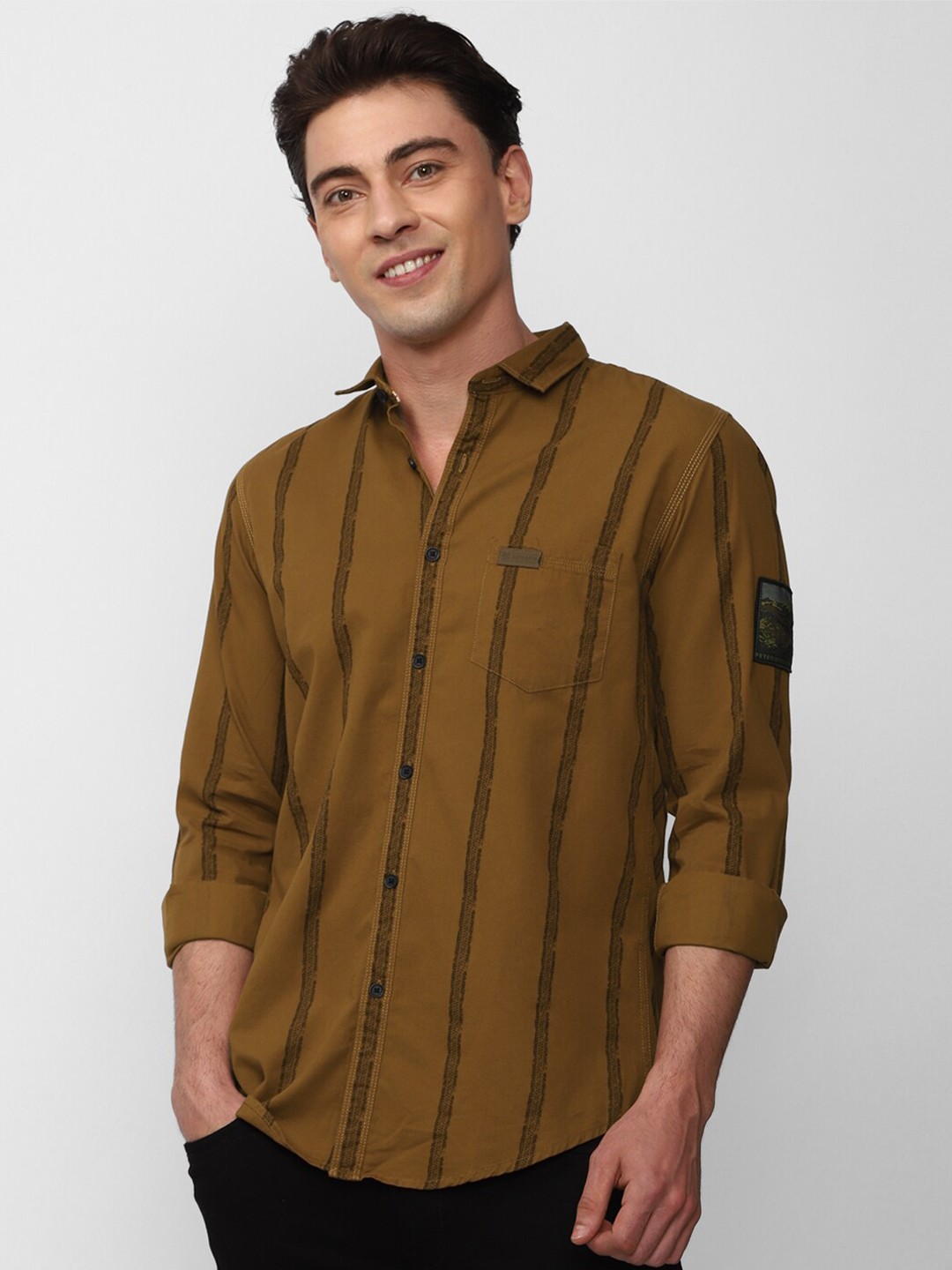 

Peter England Casuals Slim Fit Striped Pure Cotton Casual Shirt, Brown