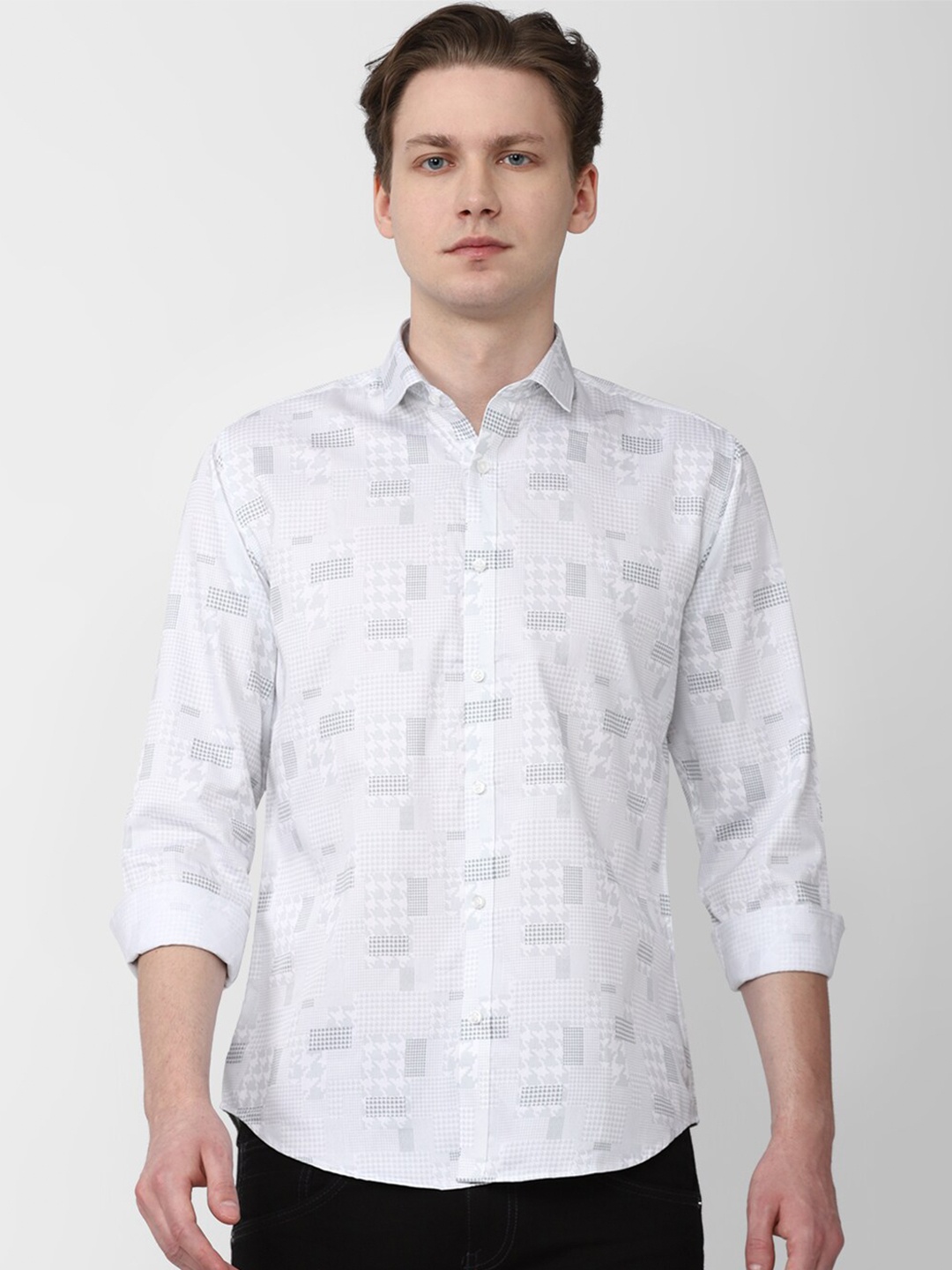 

V Dot Geometric Printed Slim Fit Pure Cotton Casual Shirt, White