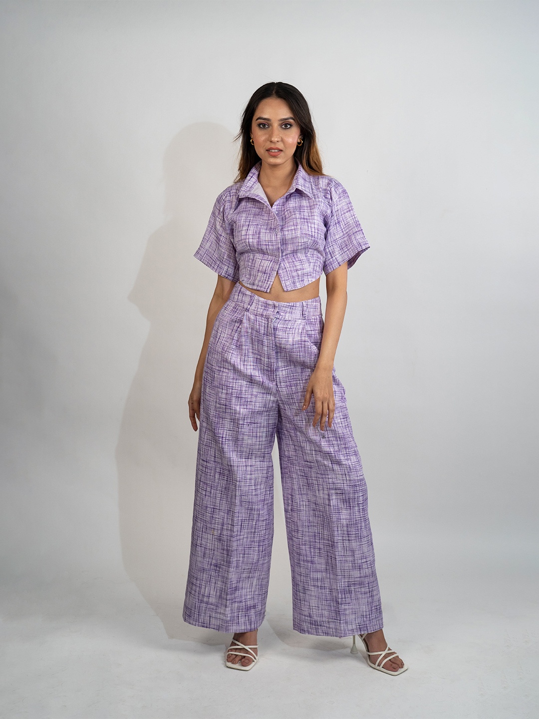 

POPPI Comfort Abstract Printed Backless Linen Crop Casual Shirt, Purple