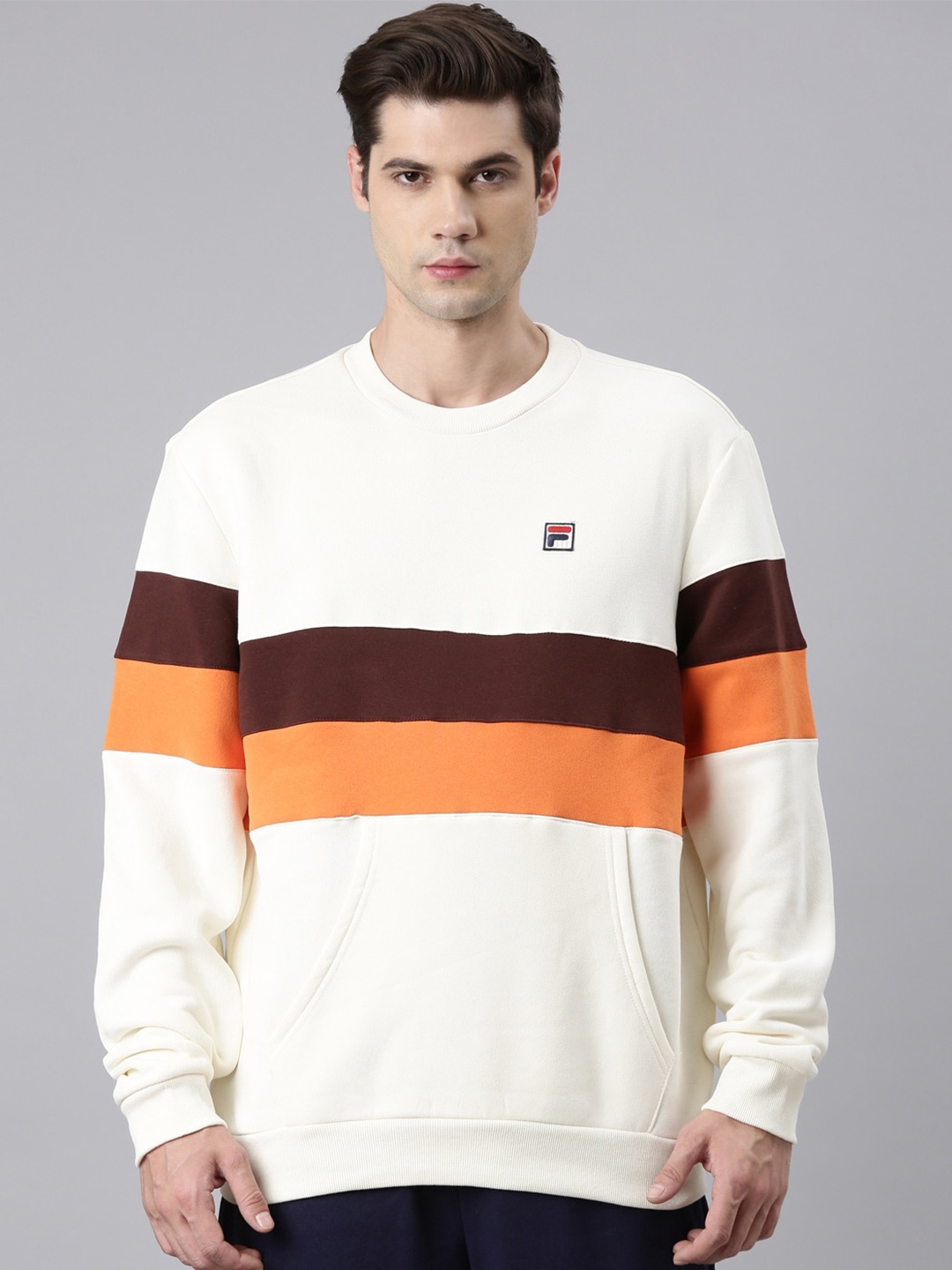 

FILA Round Neck Colourblocked Cotton Pullover Sweatshirt, Cream