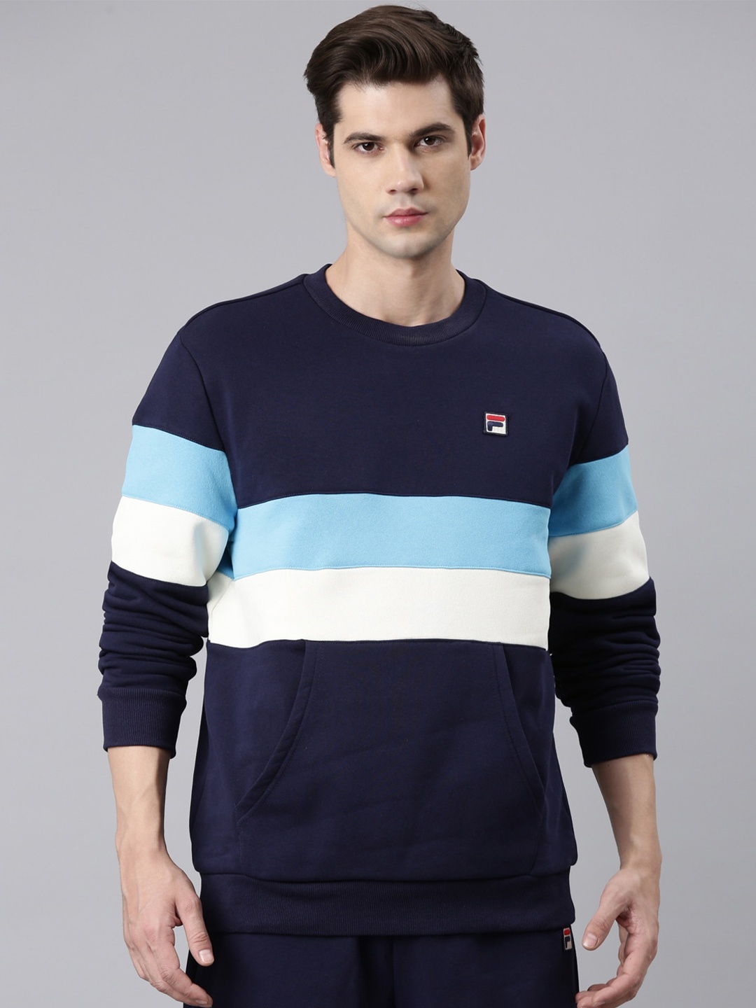 

FILA Round Neck Colourblocked Cotton Pullover Sweatshirt, Navy blue
