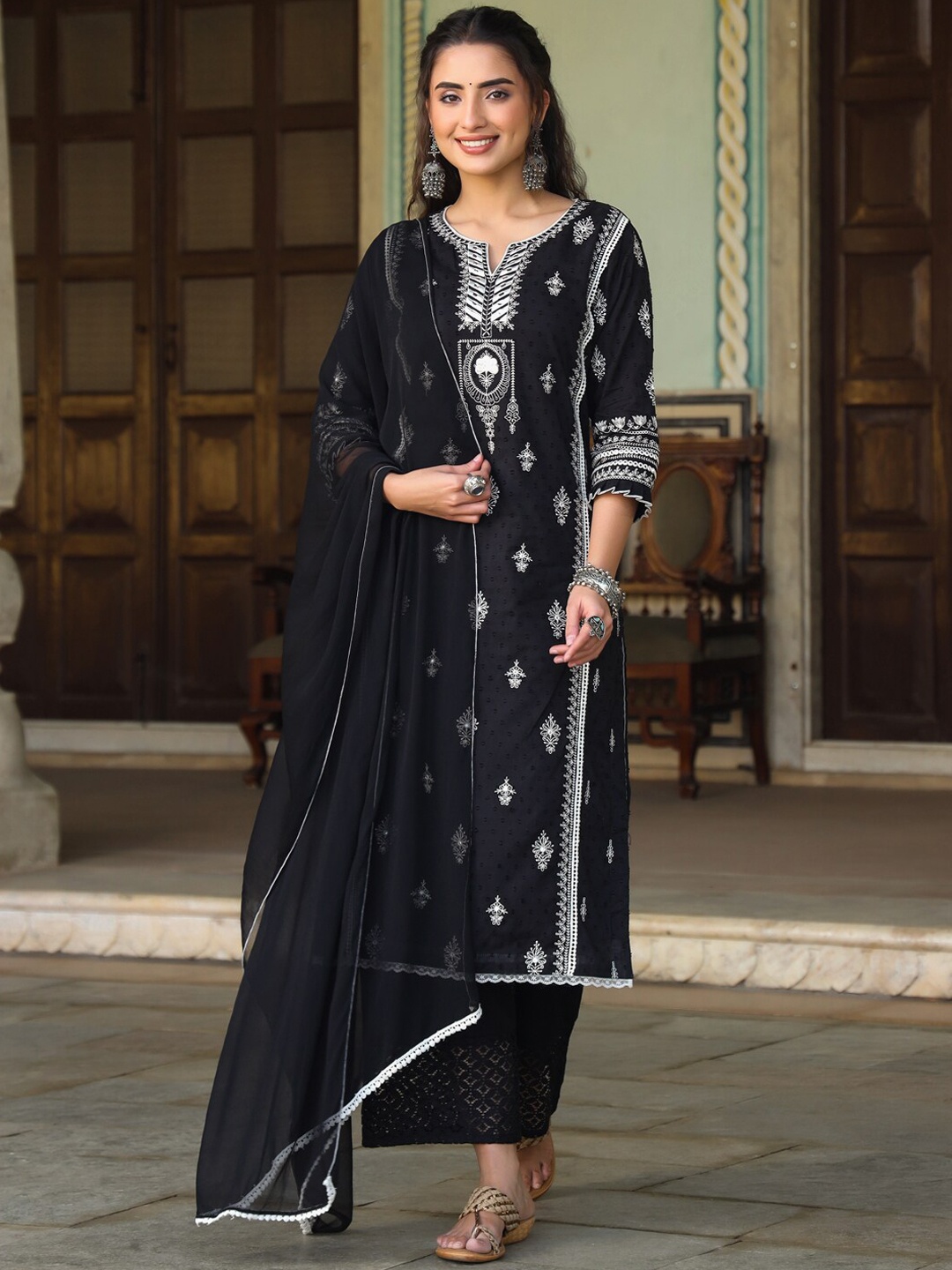 

Juniper Black & White Embroidered Notched Neck Pure Cotton Kurta With Palazzos & Dupatta
