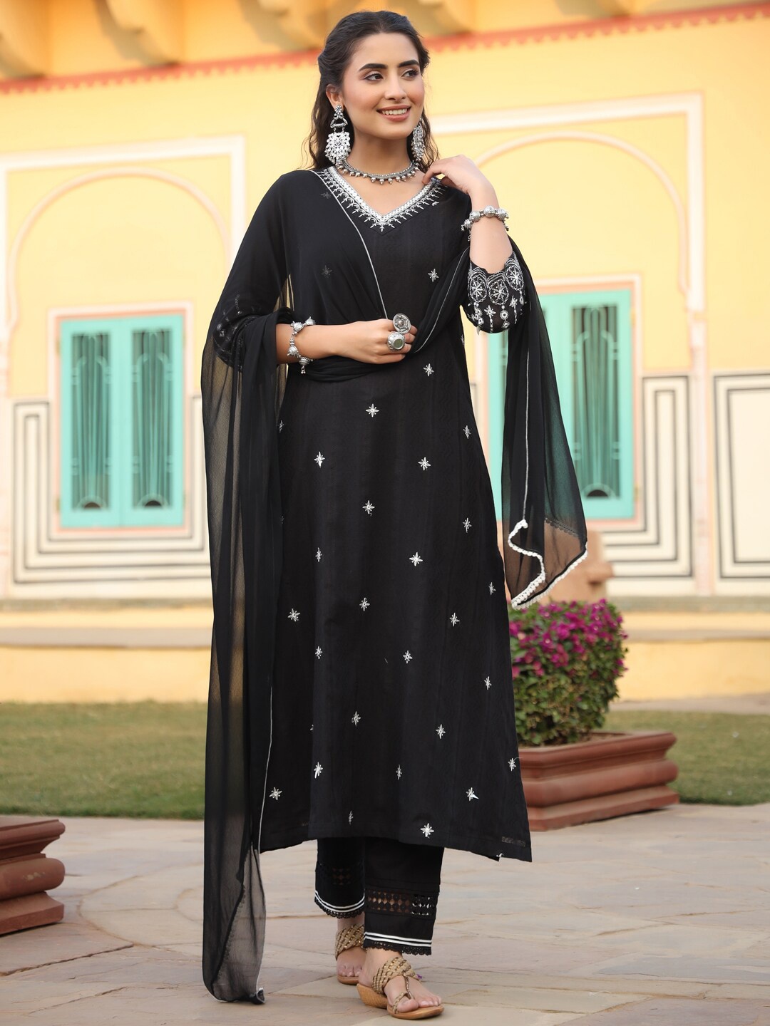 

Juniper Black & White Embroidered Mirror Work Pure Cotton Kurta With Trousers & Dupatta