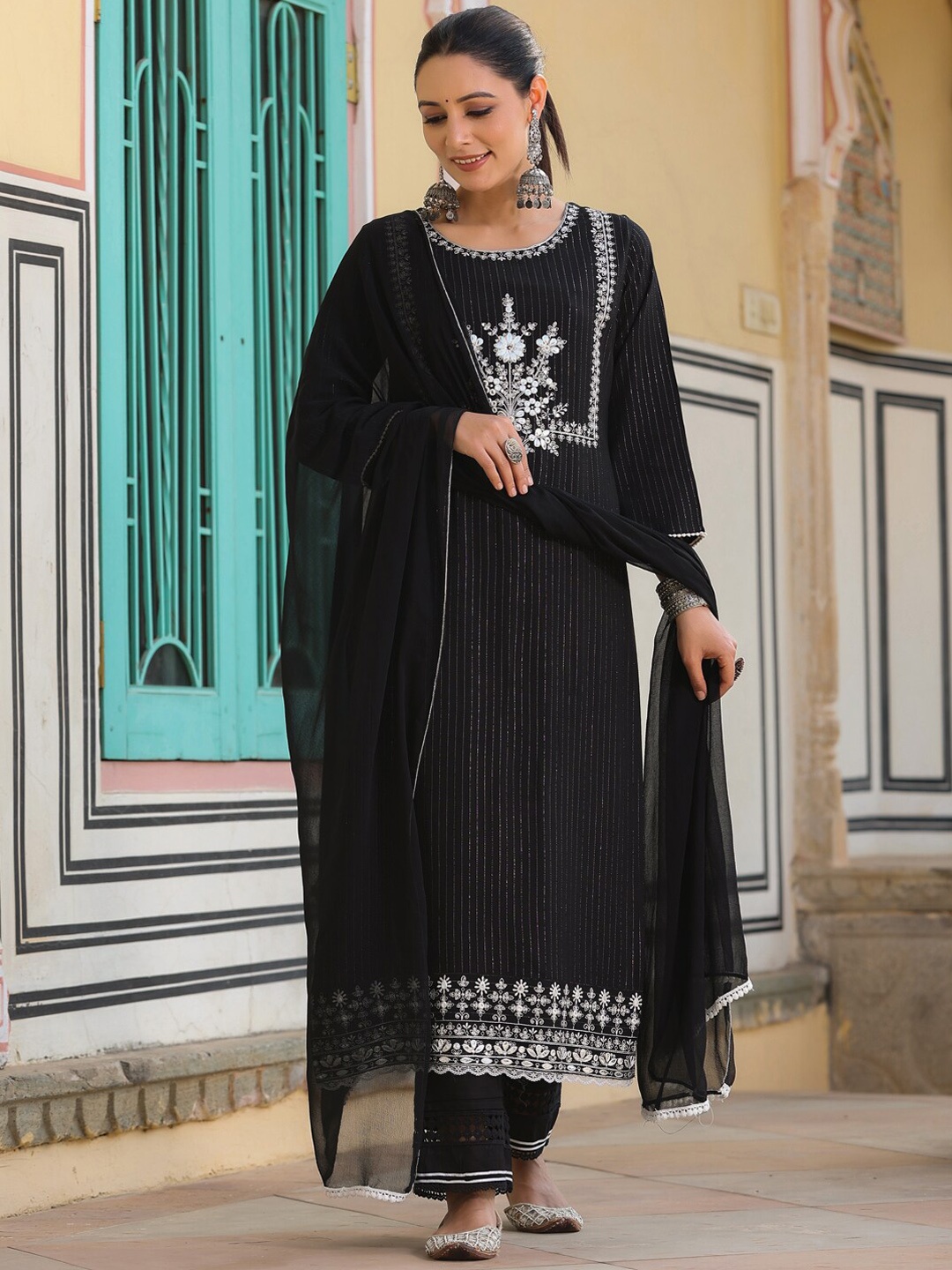 

Juniper Black & White Yoke Design Mirror Work Pure Cotton Kurta With Trousers & Dupatta