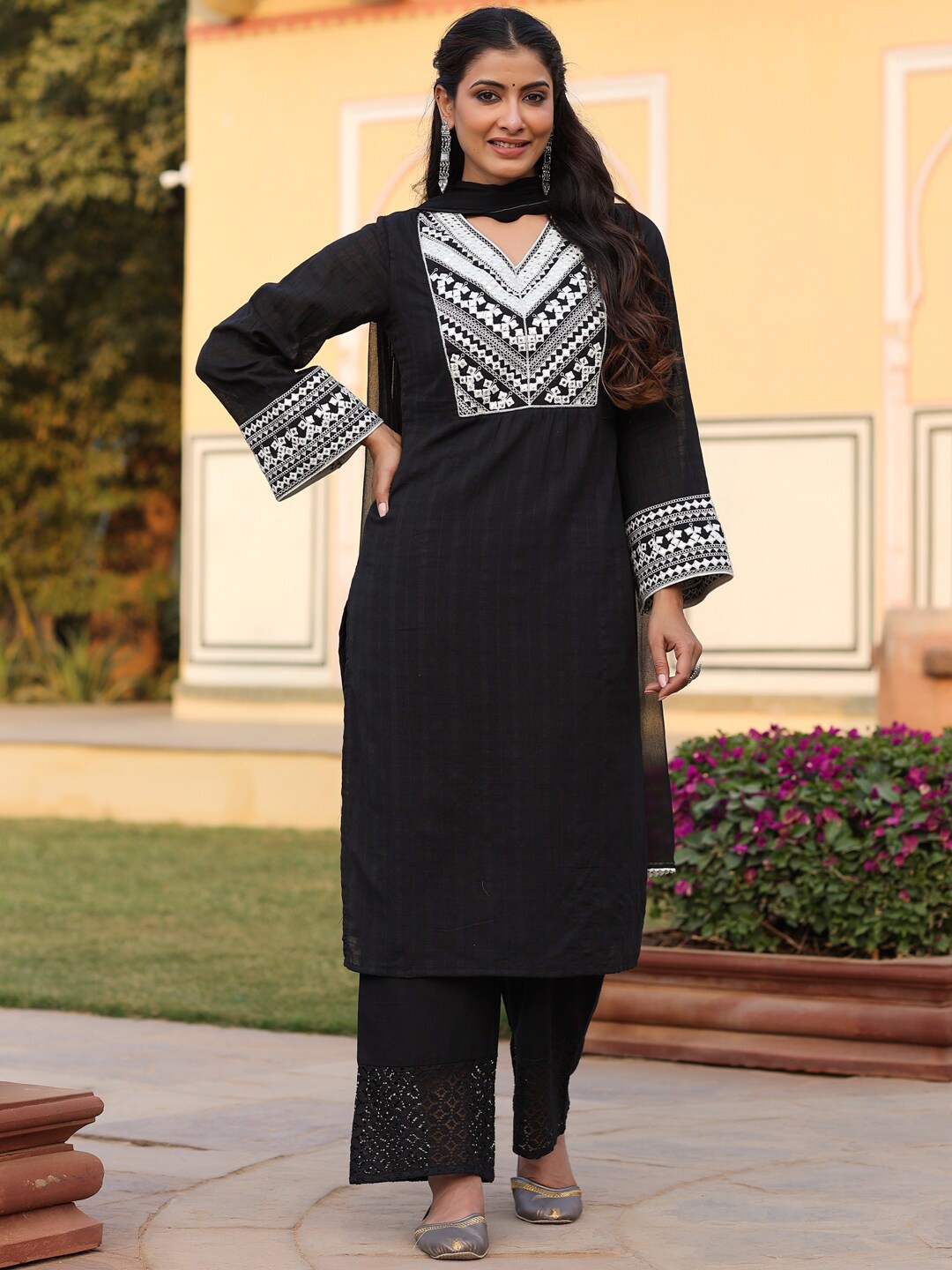 

Juniper Black & White Yoke Design Mirror Work Pure Cotton Kurta With Palazzos & Dupatta