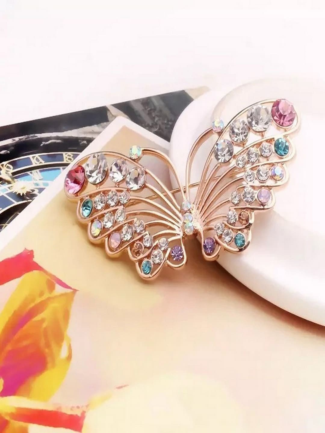 

UNIVERSITY TRENDZ Rose Gold-Plated Stone Studded Butterfly Brooch