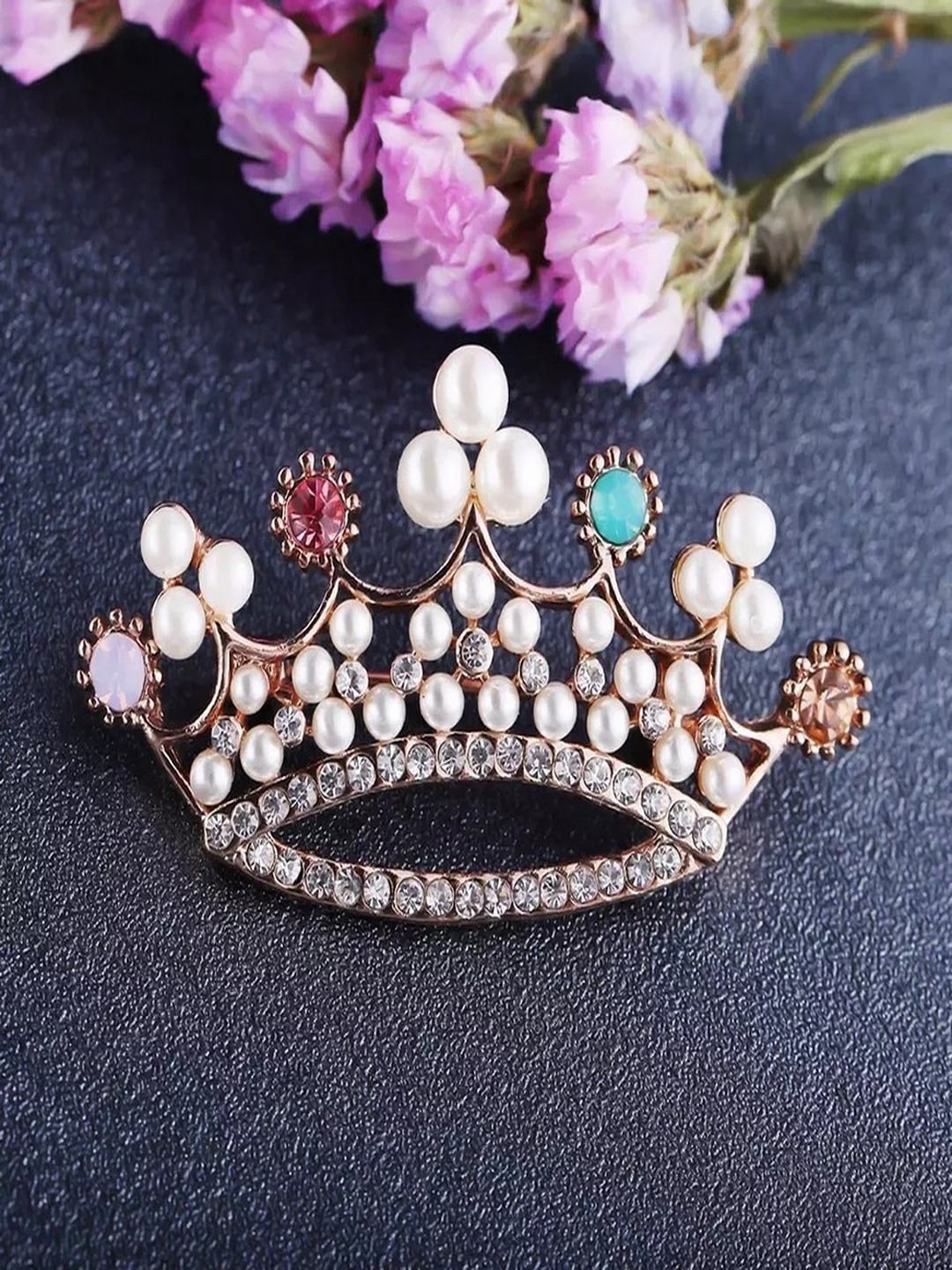 

UNIVERSITY TRENDZ Gold-Plated Artificial Stones and Beads Crown Brooch