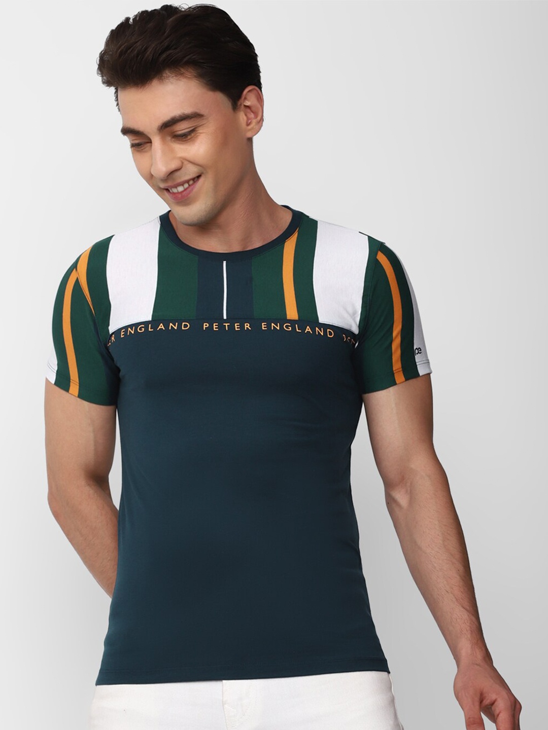 

Peter England Casuals Striped Round Neck Slim Fit T-Shirt, Green