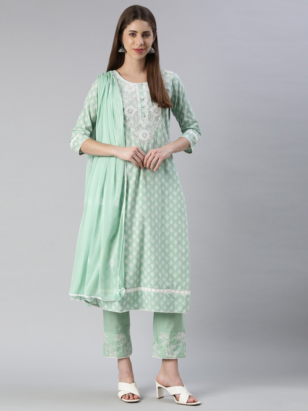 

Neerus Ethnic Motifs Printed Thread Work Kurta with Trousers & Dupatta, Sea green