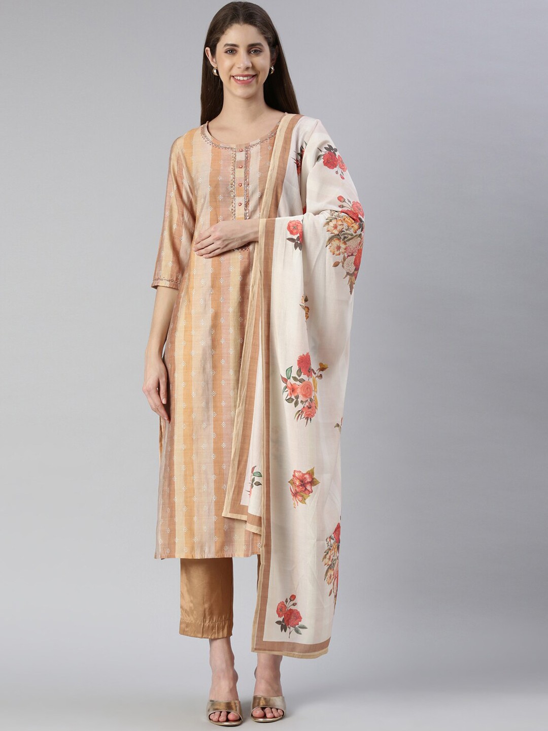

Neerus Ethnic Motifs Printed Beads and Stones Raw Silk Kurta with Trousers & With Dupatta, Rust