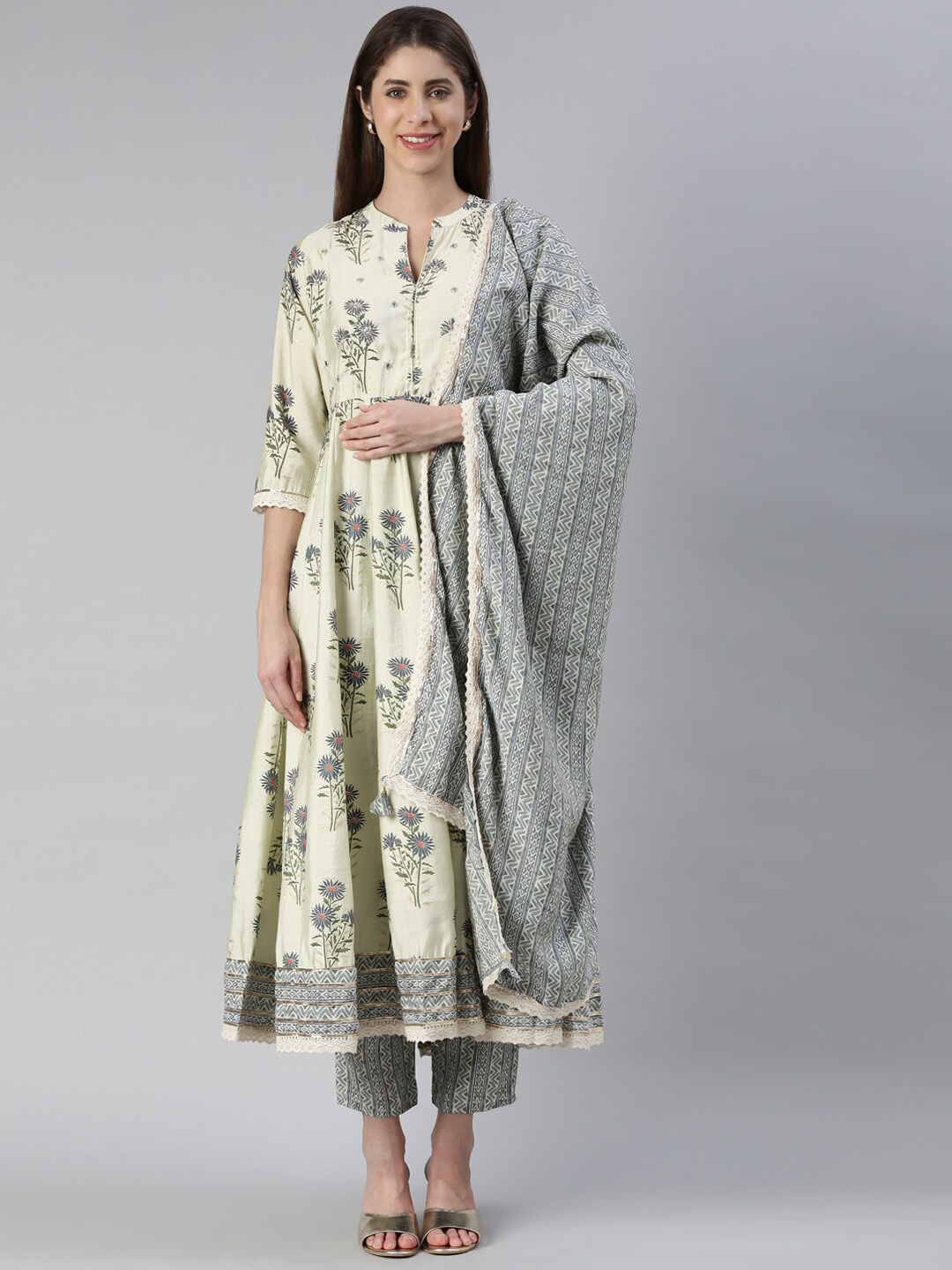 

Neerus Floral Printed Mirror Work Anarkali Kurta with Trousers & Dupatta, Cream
