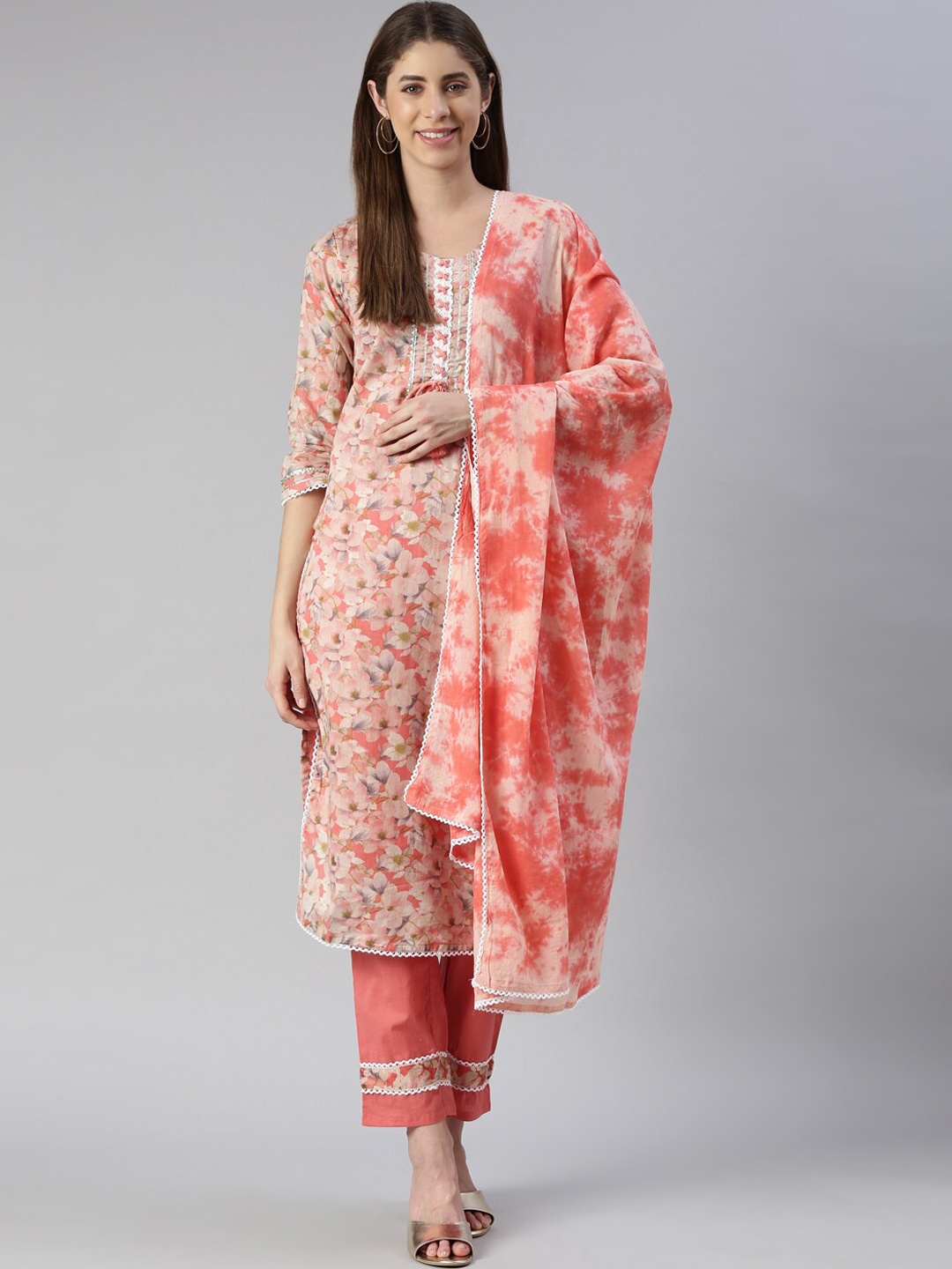 

Neerus Floral Printed Gotta Patti Pure Cotton Kurta with Trousers & Dupatta, Coral