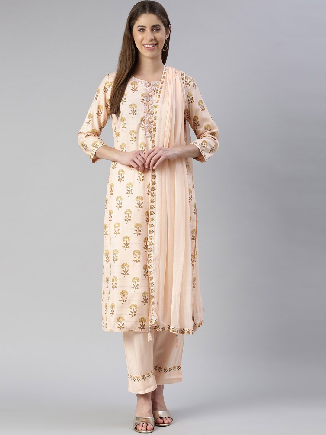 

Neerus Floral Printed Thread Work Kurta with Trousers & With Dupatta, Peach