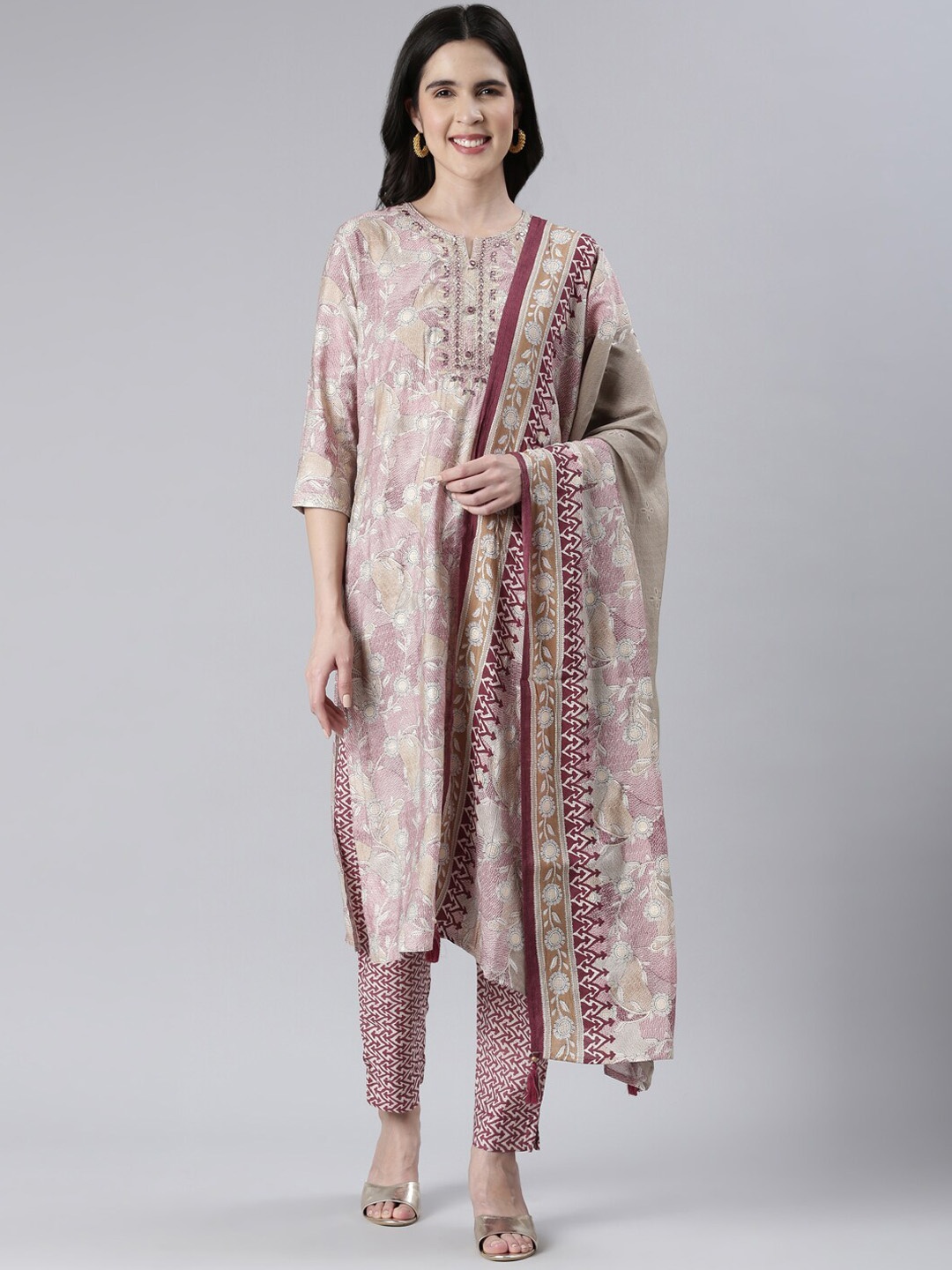 

Neerus Floral Printed Mirror Work Kurta with Trousers & Dupatta, Maroon