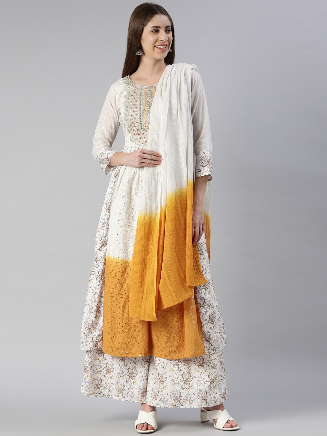 

Neerus Floral Yoke Design Layered Sequinned Kurta With Palazzos & Dupatta, White