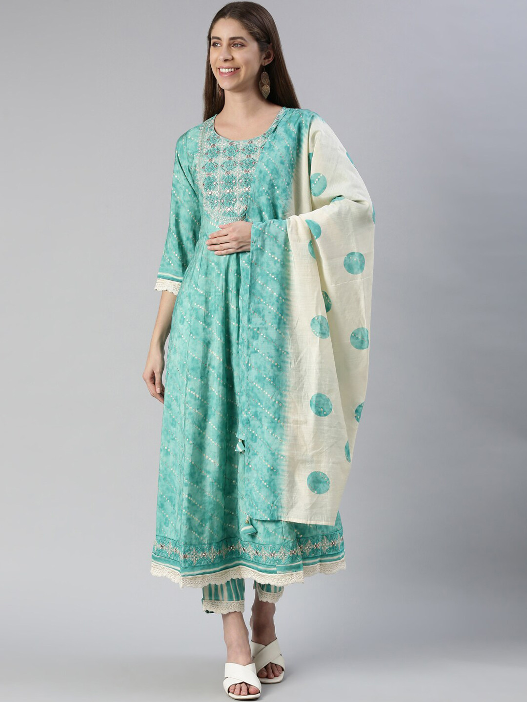 

Neerus Ethnic Motifs Yoke Design Mirror Work Anarkali Kurta With Trousers & Dupatta, Sea green