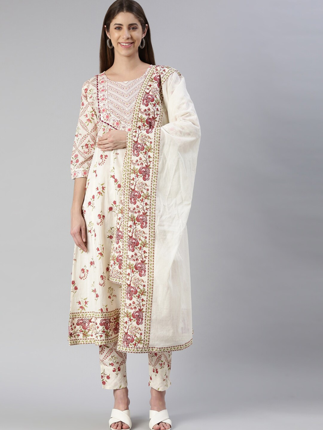 

Neerus Floral Printed Sequinned Anarkali Kurta With Trousers & Dupatta, White