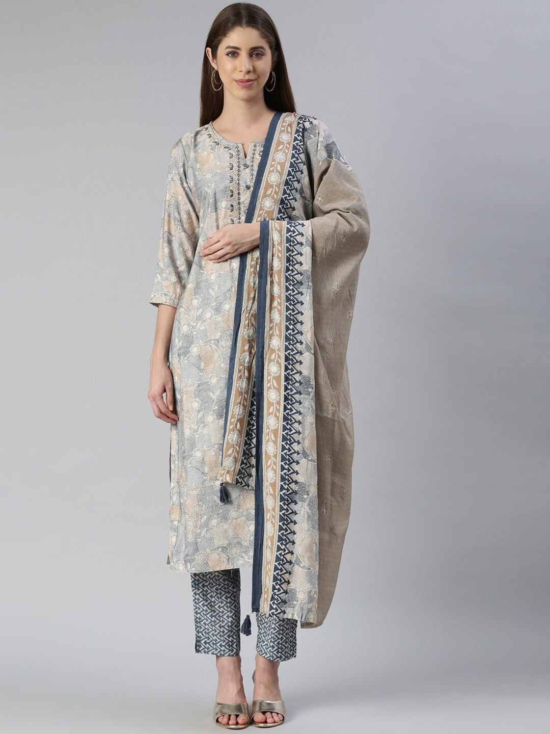 

Neerus Floral Printed Mirror Work Kurta with Trousers & Dupatta, Blue