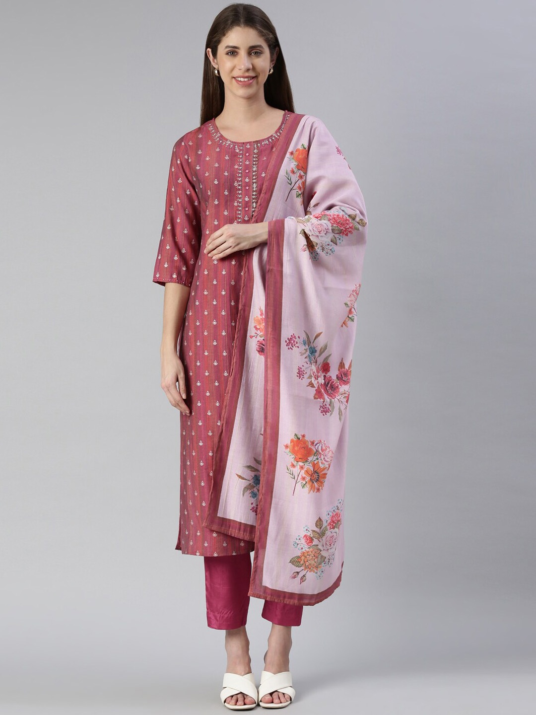 

Neerus Striped Thread Work Raw Silk Kurta With Trousers & Dupatta, Magenta