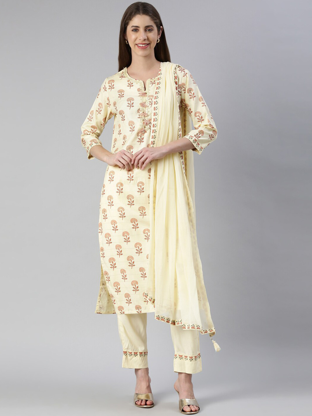 

Neerus Ethnic Motifs Printed Notched Neck Mirror Work Kurta With Trousers & Dupatta, Yellow