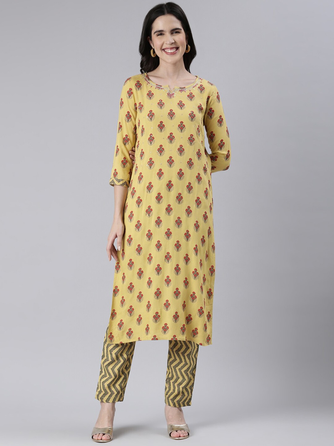 

Neerus Floral Printed Sequinned Kurta with Trousers, Mustard