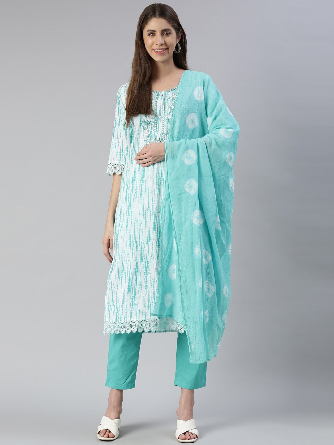 

Neerus Floral Yoke Design Thread Work Kurta With Trousers & Dupatta, White